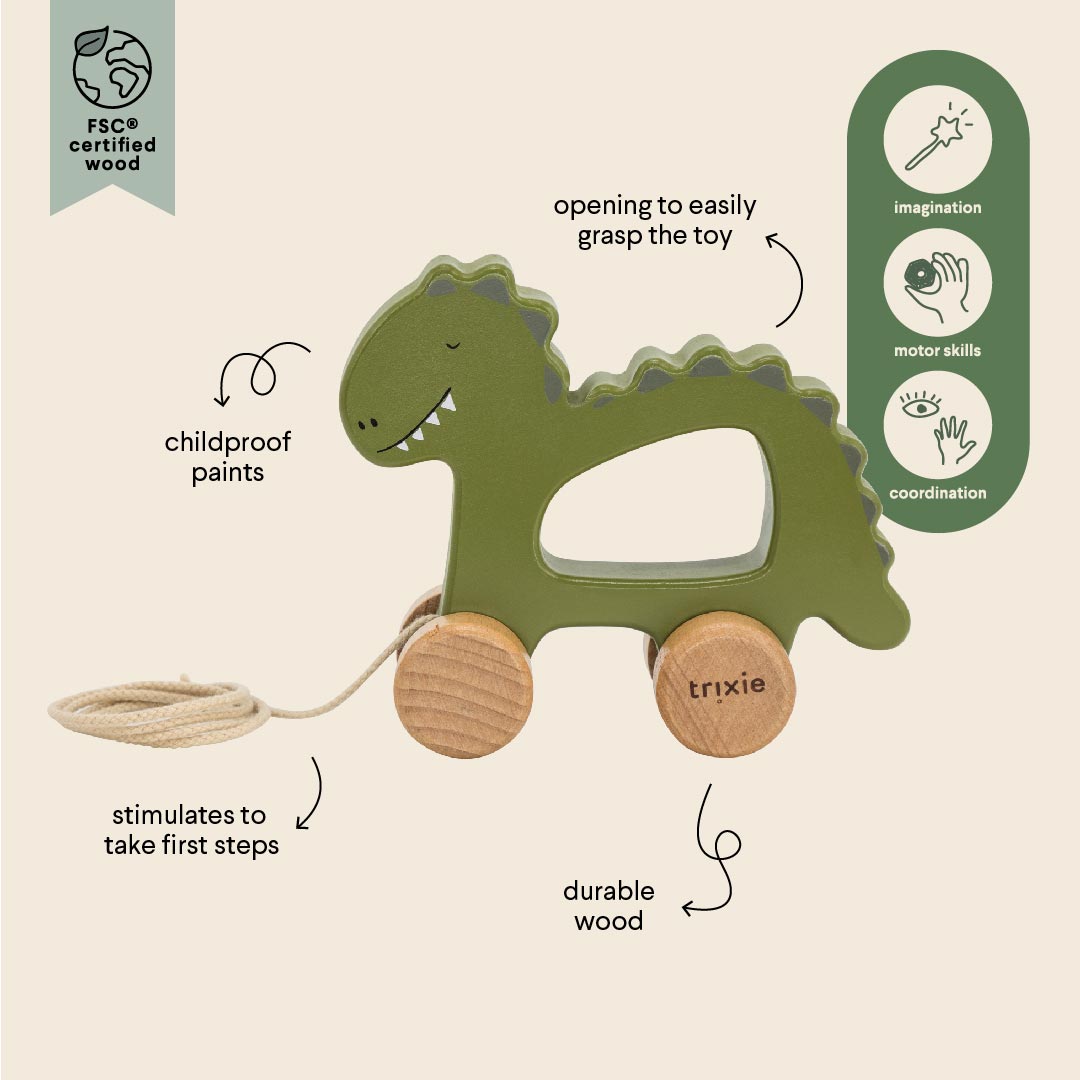 Wooden pull along toy - Mr. Dino 